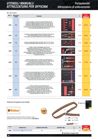 38 -
Disponibile a magazzino CDU
Portautensili/
Attrezzatura di sollevamento
UTENSILI MANUALI/
ATTREZZATURA PER OFFICINA
N90175 Dimensione
modulo
Contenuto €
..0055 2/3
1 Pinza regolabile a cerniera (cod. N35 255 0240) 240 mm
1 Tronchese a taglienti diagonali (cod. N35 292 0160) 160 mm
1 Tronchese a taglienti diagonali (cod. N35 135 0160) 160 mm
1 Pinza becchi mezzitondi lunghi (cod. N35 745 0160) 160 mm
1 Pinza becchi mezzitondi lunghi piegati (cod. N35 057 0160) 160 mm
1 Pinza universale (cod. N35 008 0180) 180 mm
99,00 89,10 ◆
..0030 1/3
1 Tronchese a taglienti diagonali VDE (cod. N35 455 0160) 160 mm
1 Pinza universale VDE (cod. N35 415 0200) 180 mm
1 Pinza becchi mezzitondi lunghi VDE (cod. N35 425 0200) 200 mm
67,00 60,30 ◆
..0040 1/3
2 Pinze per anelli elastici interni (cod. N35 175) 8÷13-12÷25 mm
2 Pinze per anelli elastici esterni (cod. N35 195) 3÷10-10÷25 mm 51,00 45,90 ◆
..0035 1/3
1 Calibro a corsoio c/bloccaggio a vite 150 mm
1 Micrometro per esterni (cod. F10 125 0005) 0÷25 mm
1 Squadra semplice doppio bisello forma C 100x70 mm
1 Riga a ﬁlo in acciaio (cod. F50 405 0100) 100 mm
1 Riga semirigida in acciaio inossidabile (cod. F50 310 0150) 150 mm
1 Compasso a punta c/molla (cod. F50 725 0150) 150 mm
1 Flessometro 3000 mm
120,00 108,00 ◆
..0075 2/3
2 Martelli modello tedesco (cod. N50 010) 0,300-0,500 mm
1 Mazzuola antirinbalzo teste in nylon (cod. N50 051 0400) 40 mm
6 Cacciaspine (cod. N55 050) 2-3-4-5-6-8 mm
1 Bulino per meccanici (cod. N55 065 0121) 12x120 mm
1 Scalpello piatto per meccanici (cod. N55 021 0100) 100 mm
79,50 71,55 ◆
..0070 2/3
1 Lima per meccanici piatta taglio 2 (cod. L55 530 1200) 200 mm
1 Lima per meccanici triangolare taglio 2 (cod. L55 542 1200) 200 mm
1 Lima per meccanici quadra taglio 2 (cod. L55 548 1200) 200 mm
1 Lima per meccanici mezzatonda taglio 2 (cod. L55 544 1200) 200 mm
1 Lima per meccanici tonda taglio 2 (cod. L55 560 1200) 200 mm
2 Manici in plastica per lima (cod. L55 687 1101) 110 mm
1 Spazzola per lime (cod. L66 002 0001) 115x40 mm
51,90 46,71 ◆
..0080 2/3
1 Forbice universale (cod. N40 020) 190 mm
1 Cutter con lama intercambiabile (cod. N40 343) 18 mm
1 Confezione lame a spezzare per cutter (cod. N40 345) 18 mm
1 Punta per tracciare (cod. F50 620) 150 mm
1 Asta ﬂessibile con magnete (cod. N25 537) 460 mm
1 Specchietto rigido per ispezioni (cod. N25 257) 270 mm
1 Lampada tascabile (cod. P90 031) 125 mm
89,50 80,55 ◆
Prezzo
Sistema di legatura ad anello
Sistema di legatura ad anello con ﬁbbia di serraggio, nastro in
polipropilene ad alta tenacità (PP). Conforme alla norma EN 12195-2.
P10705
Lunghezza (m) Larghezza nastro (mm) Resistenza (Kg) €
..0005 4 35 500 3 4,21 3,79 ◆
Pz.
pagina 1078
Prezzo
 