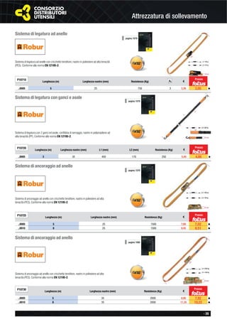 - 39
Attrezzatura di sollevamento
Sistema di legatura ad anello
Sistema di legatura ad anello con cricchetto tenditore, nastro in poliestere ad alta tenacità
(PES). Conforme alla norma EN 12195-2.
P10710
Lunghezza (m) Larghezza nastro (mm) Resistenza (Kg) €
..0005 5 25 750 3 3,39 3,05 ◆
Sistema di legatura con ganci e asole
Sistema di legatura con 2 ganci ed asole, conﬁbbia di serraggio, nastro in polipropilene ad
alta tenacità (PP). Conforme alla norma EN 12195-2.
P10720
Lunghezza (m) Larghezza nastro (mm) L1 (mm) L2 (mm) Resistenza (Kg) €
..0005 3 35 450 170 250 5,40 4,86 ◆
Prezzo
Pz.
Prezzo
Sistema di ancoraggio ad anello
Sistema di ancoraggio ad anello con cricchetto tenditore, nastro in poliestere ad alta
tenacità (PES). Conforme alla norma EN 12195-2.
P10725
Lunghezza (m) Larghezza nastro (mm) Resistenza (Kg) €
..0005 5 25 1500 7,80 7,02 ◆
..0010 8 25 1500 9,45 8,51 ◆
pagina 1079
Prezzo
Sistema di ancoraggio ad anello
Sistema di ancoraggio ad anello con cricchetto tenditore, nastro in poliestere ad alta
tenacità (PES). Conforme alla norma EN 12195-2.
P10730
Lunghezza (m) Larghezza nastro (mm) Resistenza (Kg) €
..0005 5 35 2000 8,80 7,92 ◆
..0010 8 35 2000 11,35 10,22 ◆
Prezzo
pagina 1079
pagina 1079
pagina 1080
 