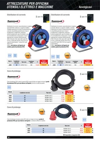42 -
Disponibile a magazzino CDU
Avvolgicavi
ATTREZZATURE PER OFFICINA
UTENSILI ELETTRICI E MACCHINE
Distributore di corrente
Distributore di corrente, corpo del tamburo in plastica
speciale Breﬂex collocato su supporto metallico,
maniglia ergonomica con asse di contenimento del
cavo per una perfetta guida del cavo in fase di
avvolgimento e svolgimento, protezione
antisurriscaldamento, spia di controllo in caso
di surriscaldamento e sovraccarico, il cavo è
approvato per condizioni difﬁcili (secondo
VDE 0100 parte 704). Spina CEE 5 poli 400
V/16 A, 2 prese (DE) Schuko 230 V/16 A con
coperchi autochiudenti, 1 presa CEE 5 poli,
400 V/16 A.
Utilizzo: uso interno e all’aperto nei
cantieri, grado di protezione IP44.
P90014 Lunghezza
cavo (m)
Tipo cavo
ø tamburo
(mm)
€
..0005 30 H07RN-F 5G1,5 290 118,00 106,20 ◆
BGI
608IP 44
pagina 1103
Prezzo
Distributore di corrente
Distributore di corrente, corpo del tamburo in plastica
speciale collocato su supporto metallico, maniglia
ergonomica con asse di contenimento del cavo per
una perfetta guida del cavo in fase di
avvolgimento e svolgimento, protezione
antisurriscaldamento, spia di controllo in caso
di surriscaldamento e sovraccarico, il cavo è
approvato per condizioni difﬁcili (secondo
VDE 0100 parte 704). Spina CEE 5 poli 400
V/16 A, 2 prese (DE) Schuko 230 V/16 A, 1
presa CEE 5 poli, 400 V/16 A con coperchi
autochiudenti.
Utilizzo: uso interno e all’aperto nei
cantieri, grado di protezione IP44.
P90015 Lunghezza
cavo (m)
Tipo cavo
ø tamburo
(mm)
€
..0005 30 H07RN-F 5G2,5 320 174,00 156,60 ◆
BGI
608IP 44
pagina 1103
Prezzo
Cavo di prolunga
Cavo di prolunga 230 V, spina in gomma (DE) e presa Schuko con tappo di chiusura grado
di protezione IP44, per uso interno e all’aperto, fornito con staffa da parete.
IP 44
P90026
Lunghezza cavo (m) Tipo cavo €
..0005 10 H07RN-F 3G1,5 20,10 18,09 ◆
..0010 25 H07RN-F 3G1,5 41,30 37,17 ◆
..0015 10 H07RN-F 3G2,5 117,00 105,30 ◆
..0020 25 H07RN-F 3G2,5 74,50 67,05 ◆
pagina 1104
Prezzo
Cavo di prolunga
Cavo di prolunga con spina e presa CEE 5 poli, con tappo di chiusura grado di
protezione IP44, per uso interno e all’aperto in condizioni difﬁcili e in cantieri.
P90029
Lunghezza cavo (m) Tipo cavo €
..0005 10 H07RN-F 5G1,5 39,10 35,19 ◆
..0010 30 H07RN-F 5G1,5 95,00 85,50 ◆
..0015 25 H07RN-F 5G2,5 117,00 105,30 ◆
pagina 1104
Prezzo
IP 44
 