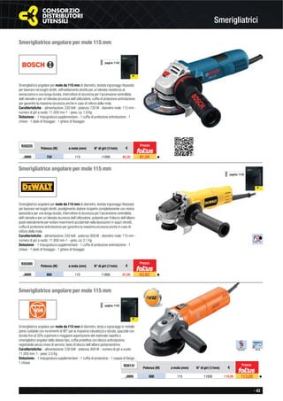 - 43
Smerigliatrici
Smerigliatrice angolare per mole 115 mm
Smerigliatrice angolare per mole da 115 mm di diametro, testata ingranaggi ribassata
per lavorare nei luoghi stretti, raffreddamento diretto per un’elevata resistenza al
sovraccarico e una lunga durata, interruttore di sicurezza per l’accensione controllata
dell’utensile e per un’elevata sicurezza dell’utilizzatore, cufﬁa di protezione antirotazione
per garantire la massima sicurezza anche in caso di rottura della mola.
Caratteristiche: - alimentazione: 230 Volt - potenza: 720 W - diametro mole: 115 mm -
numero di giri a vuoto: 11.000 min-1 - peso, ca: 1,9 Kg
Dotazione: - 1 impugnatura supplementare - 1 cufﬁa di protezione antirotazione - 1
chiave - 1 dado di ﬁssaggio - 1 ghiera di ﬁssaggio
R20225
Potenza (W) ø mola (mm) N° di giri (1/min) €
..0005 720 115 11000 85,30 81,04 ◆
Prezzo
pagina 1142
Smerigliatrice angolare per mole 115 mm
Smerigliatrice angolare per mole da 115 mm di diametro, testata ingranaggi ribassata
per lavorare nei luoghi stretti, avvolgimento statore ricoperto completamente con resina
epossidica per una lunga durata, interruttore di sicurezza per l’accensione controllata
dell’utensile e per un’elevata sicurezza dell’utilizzatore, pulsante per il blocco dell’albero
posto lateralmente per evitare inserimenti accidentali nella lavorazioni in spazi ristretti,
cufﬁa di protezione antirotazione per garantire la massima sicurezza anche in caso di
rottura della mola.
Caratteristiche: - alimentazione: 230 Volt - potenza: 800 W - diametro mole: 115 mm -
numero di giri a vuoto: 11.800 min-1 - peso, ca: 2,1 Kg
Dotazione: - 1 impugnatura supplementare - 1 cufﬁa di protezione antirotazione - 1
chiave - 1 dado di ﬁssaggio - 1 ghiera di ﬁssaggio
R20305
Potenza (W) ø mola (mm) N° di giri (1/min) €
..0005 800 115 11800 67,00 63,65 ◆
Prezzo
pagina 1142
Smerigliatrice angolare per mole 115 mm
Smerigliatrice angolare per mole da 115 mm di diametro, testa a ingranaggi in metallo
pieno ruotabile con incrementi di 90° per la massima robustezza e durata, spazzole con
durata ﬁno al 30% superiore e maggiore asportazione del materiale rispetto a
smerigliatrici angolari dello stesso tipo, cufﬁa protettiva con blocco antirotazione,
registrabile senza chiavi di servizio, tasto di blocco dell’albero portamandrino.
Caratteristiche: - alimentazione: 230 Volt - potenza: 800 W - numero di giri a vuoto:
11.000 min-1 - peso: 2,0 Kg
Dotazione: - 1 impugnatura supplementare - 1 cufﬁa di protezione - 1 coppia di ﬂange -
1 chiave
R20131
Potenza (W) ø mola (mm) N° di giri (1/mm) €
..0005 800 115 11000 119,00 113,05 ◆
pagina 1142
Prezzo
 