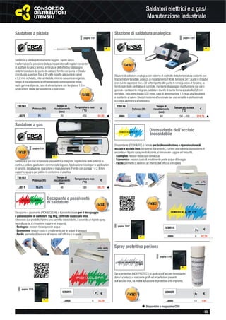 - 55
Disponibile a magazzino CDU
Saldatori elettrici e a gas/
Manutenzione industriale
Saldatore a pistola estremamente leggero, rapido senza
trasformatore, la pressione della punta ad intervalli regolari consente
di adattare la carica termica in funzione dell’effettivo fabbisogno
della temperatura del punto da saldare, fornito con punta in Elsadur
(con durata superiore ﬁno a 30 volte rispetto alle punte in rame)
ø 3,2 mm nichelata, intercambiabile, minimo consumo energetico,
tempo di riscaldamento e raffreddamento estremamente breve,
vasta gamma di punte, cavo di alimentazione con lunghezza 1,5 m.
Applicazioni: ideale per assistenza e riparazioni.
Saldatore a pistola
T95143
Potenza (W)
Tempo di
riscaldamento
(sec)
Temperatura max
(°C)
€
..0075 75 20 450 62,80 ◆
pagina 1327
Stazione di saldatura analogica
Stazione di saldatura analogica con sistema di controllo della temperatura costante con
trasformatore toroidale, potenza di riscaldamento 190 W, tensione 24 V, punte in Ersadur
(con durata superiore ﬁno a 30 volte rispetto alle punte in rame) a prova di torsione, la
fornitura include centralina di controllo, montante di appoggio multifunzione con vano
girevole e portapunte integrato, saldatore munito di punta forma a scalpello 2,2 mm
nichelata, indicatore display LED rosso, cavo di alimentazione 1,5 m ad alta ﬂessibilità
e resistente al calore. Design moderno e funzionale per uso versatile e professionale
in campo elettronico e hobbistico.
pagina 1327
T95146
Potenza (W)
Tempo di
riscaldamento
(sec)
Temperatura max
(°C)
€
..0060 60 60 150 ÷ 450 219,75 ◆
Saldatore a gas
T95153
Potenza (W)
Tempo di
riscaldamento
(sec)
Temperatura max
(°C)
€
..0011 15÷75 46 580 80,75 ◆
Saldatore a gas con accensione piezoelettrica integrata, regolazione della potenza in
continuo, utilizza gas butano commerciale leggero.Applicazione: ideale per le applicazioni
di servizio, installazione, riparazione e manutenzione. Fornito con punta ø 1 e 2,4 mm,
supporto, spugna per pulizia in confezione di plastica.
Disossidante dell’acciaio
inossidabile
Disossidante (DEOX & FIT) è l’ideale per la disossidazione e ripassivazione di
acciaio e acciaio inox.Attraverso due prodotti, il primo una salvietta disossidante, il
secondo un liquido spray neutralizzante, si rimuovono ruggine ed impurità.
- Ecologico: nessun risciacquo con acqua
- Economico: nessun costo di smaltimento per le acque di lavaggio
- Facile: permette di lavorare all’interno dell’ofﬁcina o in opera
U36010
€
..0005 6 28,25
Decapante e passivante
di saldature
U36015
€
..0005 6 32,50
Pz.
Pz.
Decapante e passivante (PICK & CLEAN) è il prodotto ideale per il decapaggio
e passivazione di saldature Tig, Mig, Elettrodo su acciaio inox.
Attraverso due prodotti, il primo una salvietta disossidante, il secondo un liquido spray
neutralizzante, si rimuovono ruggine ed impurità.
- Ecologico: nessun risciacquo con acqua
- Economico: nessun costo di smaltimento per le acque di lavaggio
- Facile: permette di lavorare all’interno dell’ofﬁcina o in opera
pagina 1338
pagina 1337
Spray protettivo per inox
Spray protettivo (INOX PROTECT) si applica sull’acciaio inossidabile,
dona lucentezza e nasconde grafﬁ ed imperfezioni presenti
sull’acciaio inox, ha inoltre la funzione di protettivo anti-impronta.
U36020
€
..0005 12 7,45
Pz.
pagina 1338
pagina 1328
 