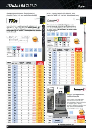 6 -
Disponibile a magazzino CDU
PunteUTENSILI DA TAGLIO
pagina 59 pagina 57
VHM
Tipo
INOX
DIN
6537L
6535-HA
140° 5xD
Punta codolo cilindrico in metallo duro
rivestita Focus 5xD per acciai inossidabili
Punta codolo cilindrico in metallo duro integrale, rettiﬁcata, rivestita Focus,
norma DIN 6537L, codolo a norma DIN 6535HA. Geometria speciﬁca 140°,
afﬁlatura su piani, con fori di refrigerazione per eseguire forature 5xD. Per
lavorazioni di acciai inox resistenti al calore, leghe di titanio, Hastelloy®,
Iconel®. Nimonic®.
Acciaio
INOX
Leghe di
Titanio
Codice
80 35
5 2
O O
A40095
Vc (m/min)
VR
Refrigerazione
# F
A40095
ø m7 (mm)
ø codolo h6
(mm)
Lunghezza
totale (mm)
€
..0300 3 6 66 40,35 36,32 ◆
..0330 3,3 6 66 40,35 36,32 ◆
..0350 3,5 6 66 40,35 36,32 ◆
..0400 4 6 74 43,40 39,06 ◆
..0420 4,2 6 74 43,40 39,06 ◆
..0450 4,5 6 74 43,40 39,06 ◆
..0500 5 6 82 43,40 39,06 ◆
..0550 5,5 6 82 43,40 39,06 ◆
..0600 6 6 91 43,40 39,06 ◆
..0650 6,5 8 91 47,95 43,16 ◆
..0680 6,8 8 91 47,95 43,16 ◆
..0700 7 8 91 47,95 43,16 ◆
..0750 7,5 8 91 47,95 43,16 ◆
..0800 8 8 91 47,95 43,16 ◆
..0850 8,5 10 103 55,00 49,50 ◆
..0900 9 10 103 55,00 49,50 ◆
..0950 9,5 10 103 55,00 49,50 ◆
..1000 10 10 103 55,00 49,50 ◆
..1020 10,2 12 118 80,20 72,18 ◆
..1050 10,5 12 118 80,20 72,18 ◆
..1100 11 12 118 80,20 72,18 ◆
..1150 11,5 12 118 80,20 72,18 ◆
..1200 12 12 118 80,20 72,18 ◆
..1250 12,5 14 124 107,85 97,07 ◆
..1300 13 14 124 107,85 97,07 ◆
..1350 13,5 14 124 107,85 97,07 ◆
..1400 14 14 124 107,85 97,07 ◆
..1450 14,5 16 133 133,05 119,75 ◆
..1500 15 16 133 133,05 119,75 ◆
..1550 15,5 16 133 133,05 119,75 ◆
..1600 16 16 133 133,05 119,75 ◆
..1700 17 18 143 213,15 191,84 ◆
..1800 18 18 143 213,15 191,84 ◆
..1900 19 20 153 231,85 208,67 ◆
..2000 20 20 153 231,85 208,67 ◆
Prezzo
Acciaio
<850
N/mm²
Acciaio
>850
<1000
N/mm²
Ghisa
Codice
A40211
Vc (m/min)
Refrigerazione
70 65 50 55
E E O EA
Acciaio
>1000
<1400
N/mm²
F # # F
VHM
Norma
interna
140° 30° 5xD
Punta codolo cilindrico in metallo duro integrale con codolo
rinforzato rivestita TiAlN, spessore del nocciolo maggiorato e senza
cono, con fori di refrigerazione, speciﬁca afﬁlatura autocentrante
per eseguire forature 5xD su acciai legati e non anche a truciolo
lungo ghise in genere.
Punta codolo cilindrico in metallo duro
rivestita TiAlN 5xD con fori di refrigerazione
A40211 ø=m7
(mm)
Lunghezza
totale (mm)
ø codolo h6
(mm)
€
..0100 1 55 3 39,90 35,91 ◆
..0110 1,1 55 3 39,90 35,91 ◆
..0120 1,2 55 3 39,90 35,91 ◆
..0130 1,3 55 3 39,90 35,91 ◆
..0140 1,4 55 3 39,90 35,91 ◆
..0150 1,5 55 3 39,90 35,91 ◆
..0160 1,6 55 3 39,90 35,91 ◆
..0170 1,7 55 3 39,90 35,91 ◆
..0180 1,8 55 3 39,90 35,91 ◆
..0190 1,9 55 3 39,90 35,91 ◆
..0200 2 57 4 39,90 35,91 ◆
..0210 2,1 57 4 39,90 35,91 ◆
..0220 2,2 57 4 39,90 35,91 ◆
..0230 2,3 57 4 39,90 35,91 ◆
..0240 2,4 57 4 39,90 35,91 ◆
..0250 2,5 57 4 39,90 35,91 ◆
..0260 2,6 57 4 39,90 35,91 ◆
..0270 2,7 57 4 39,90 35,91 ◆
..0280 2,8 57 4 39,90 35,91 ◆
..0290 2,9 57 4 39,90 35,91 ◆
Prezzo
A40268
Misura punte (mm) N° pezzi €
..0005 4-5-6-8-10 5 6,55 5,57 ◆
..0010 4-5-2x6-8-10-12 7 14,30 12,16 ◆
Prezzo
Serie di punte per muro codolo cilindrico
in acciaio temperato (cod.A40 259),
riporto saldobrasato al carburo di tungsteno,
per impiego su trapani a rotazione e
percussione.Applicazione: per calcestruzzo,
pietra, muratura, mattoni, materiali da
costruzione leggeri, granito e marmo.
Serie di punte per muro
codolo cilindrico
pagina 63
Norma
interna
 