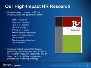 66
Our High-Impact HR Research
 Detailed survey conducted in 2013-4 on
structure, roles, and governance of HR:
- CHRO bac...