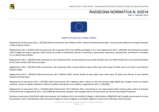 Azienda ULSS N. 4 del Veneto - Dipartimento funzionale di Sanità Animale e Sicurezza Alimentare

RASSEGNA NORMATIVA N. 6/2014
Dell’ 11 febbraio 2014

GAZZETTA UFFICIALE DELL’UNIONE EUROPEA

Regolamento di esecuzione (UE) n. 101/2014 della Commissione, del 4 febbraio 2014, relativo all’autorizzazione della L-tirosina quale additivo nei mangimi destinati
a tutte le specie animali
Regolamento (UE) n. 87/2014 della Commissione, del 31 gennaio 2014, che modifica gli allegati II, III e V del regolamento (CE) n. 396/2005 del Parlamento europeo
e del Consiglio per quanto riguarda i livelli massimi di residui di acetamiprid, butralin, clorotoluron, daminozide, isoproturon, picoxystrobin, pirimetanil e trinexapac
in o su determinati prodotti
Regolamento (UE) n. 104/2014 della Commissione, del 23 gennaio 2014, recante divieto di pesca della limanda nella zona NAFO 3LNO per le navi battenti bandiera
di uno Stato membro dell’Unione europea
Regolamento (UE) n. 105/2014 della Commissione, del 23 gennaio 2014, recante divieto di pesca delle razze nelle acque UE delle zone IIa e IV per le navi battenti
bandiera belga
Regolamento (UE) n. 106/2014 della Commissione, del 3 febbraio 2014, recante divieto di pesca delle razze nelle acque UE della zona VIId per le navi battenti
bandiera dei Paesi Bassi
Regolamento di esecuzione (UE) n. 107/2014 della Commissione, del 5 febbraio 2014, relativo al ritiro dal mercato degli additivi per mangimi cloruro di cobalto
esaidrato, nitrato di cobalto esaidrato e solfato di cobalto monoidrato e che modifica il regolamento (CE) n. 1334/2003
Regolamento di esecuzione (UE) n. 116/2014 della Commissione, del 6 febbraio 2014, concernente la non approvazione della sostanza attiva ioduro di potassio
conformemente al regolamento (CE) n. 1107/2009 del Parlamento europeo e del Consiglio relativo all’immissione sul mercato dei prodotti fitosanitari
Direttiva di esecuzione 2014/19/UE della Commissione, del 6 febbraio 2014, che modifica l’allegato I della direttiva 2000/29/CE del Consiglio concernente le misure
di protezione contro l’introduzione nella Comunità di organismi nocivi ai vegetali o ai prodotti vegetali e contro la loro diffusione nella Comunità
Dipartimento funzionale di Sanità Animale e Sicurezza Alimentare
Pagina 1 di 5

 