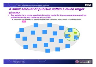 WebSphere MQ
IBM Software Group | WebSphere software
 One solution is to create a dedicated overlaid cluster for the queue managers requiring
publish/subscribe and clustering a direct topic.
 Optionally use PSCLUS to prevent clustered topic definitions being created in the wider cluster.
A small amount of pub/sub within a much larger
cluster
V7.1
 