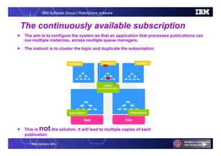 WebSphere MQ
IBM Software Group | WebSphere software
The continuously available subscription
 The aim is to configure the system so that an application that processes publications can
run multiple instances, across multiple queue managers.
 The instinct is to cluster the topic and duplicate the subscription.
 This is not the solution, it will lead to multiple copies of each
publication
App
PublisherPublisherPublisher
App
TOPIC
CLUSTER(CLUSTER1)
Subscription Subscription
 