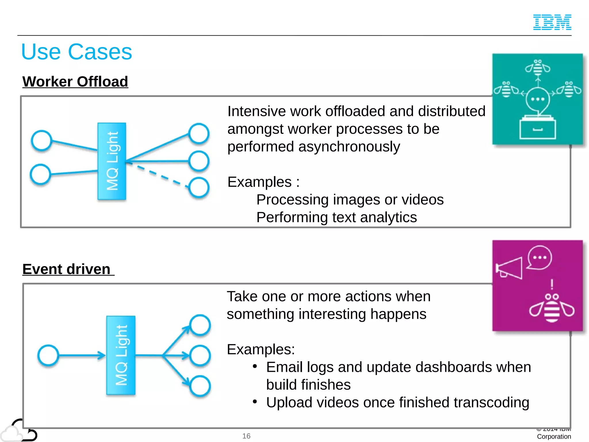 © 2014 IBM
Corporation
Use Cases
16
Worker Offload
Intensive work offloaded and distributed
amongst worker processes to be
performed asynchronously
Examples :
Processing images or videos
Performing text analytics
Event driven
Take one or more actions when
something interesting happens
Examples:
●
Email logs and update dashboards when
build finishes
●
Upload videos once finished transcoding
 