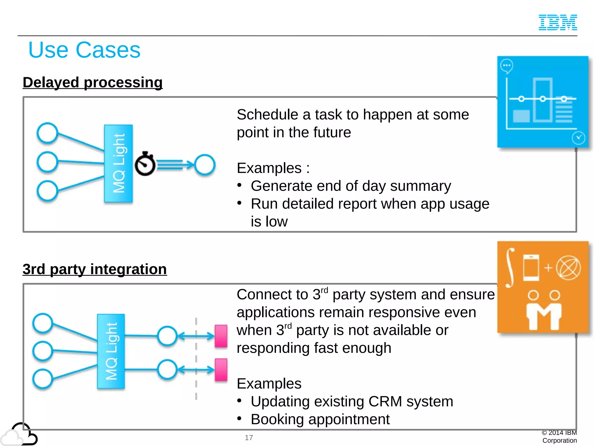 © 2014 IBM
Corporation
Use Cases
17
Delayed processing
Schedule a task to happen at some
point in the future
Examples :
●
Generate end of day summary
●
Run detailed report when app usage
is low
3rd party integration
Connect to 3rd
party system and ensure
applications remain responsive even
when 3rd
party is not available or
responding fast enough
Examples
●
Updating existing CRM system
●
Booking appointment
 