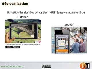 www.augmented-reality.fr
Utilisation des données de position : GPS, Boussole, accéléromètre
Indoor
Outdoor
Théâtre Gallo-R...