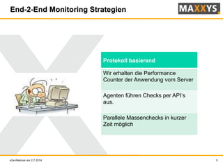 End-2-End Monitoring Strategien
Protokoll basierend
Wir erhalten die Performance
Counter der Anwendung vom Server
Agenten führen Checks per API‘s
aus.
Parallele Massenchecks in kurzer
Zeit möglich
e2e-Webinar am 2.7.2014 5
 