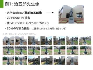 - 大学会館前の 嘉納治五郎像
例1: 治五郎先生像
- 2014/06/14 撮影
- 使ったデジカメ: いつものGPSカメラ
- 20枚の写真を撮影 ...撮影にかかった時間: 3分ていど
こういう感じで，いろんな方向から。
 