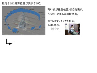 推定された撮影位置が表示される。
青い板が撮影位置・向きを表す。
うっすら見える点は特徴点。
ステレオマッチングを指令。
しばし待つ。
5分くらい
 