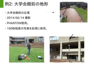 - 大学会館前の広場
例2: 大学会館前の地形
- 2014/06/14 撮影
- PHANTOM使用。
- 100枚程度の写真を処理に使用。
 