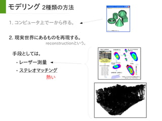 1. コンピュータ上で一から作る。
モデリング 2種類の方法
reconstructionという。
2. 現実世界にあるものを再現する。
- レーザー測量
手段としては，
- ステレオマッチング
熱い
 