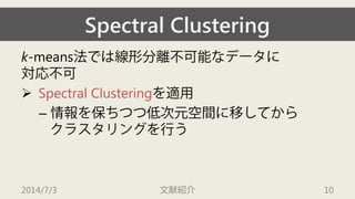 Spectral Clustering 
k-means法では線形分離不可能なデータに 対応不可 
 
Spectral Clusteringを適用 
– 
情報を保ちつつ低次元空間に移してから クラスタリングを行う 
2014/7/3 文献紹介 10 
 