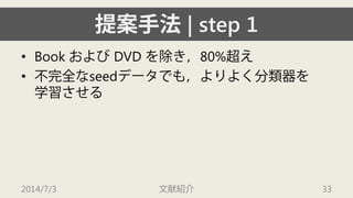 提案手法| step 1 
• 
Book およびDVD を除き，80%超え 
• 
不完全なseedデータでも，よりよく分類器を 学習させる 
2014/7/3 文献紹介 33 
 