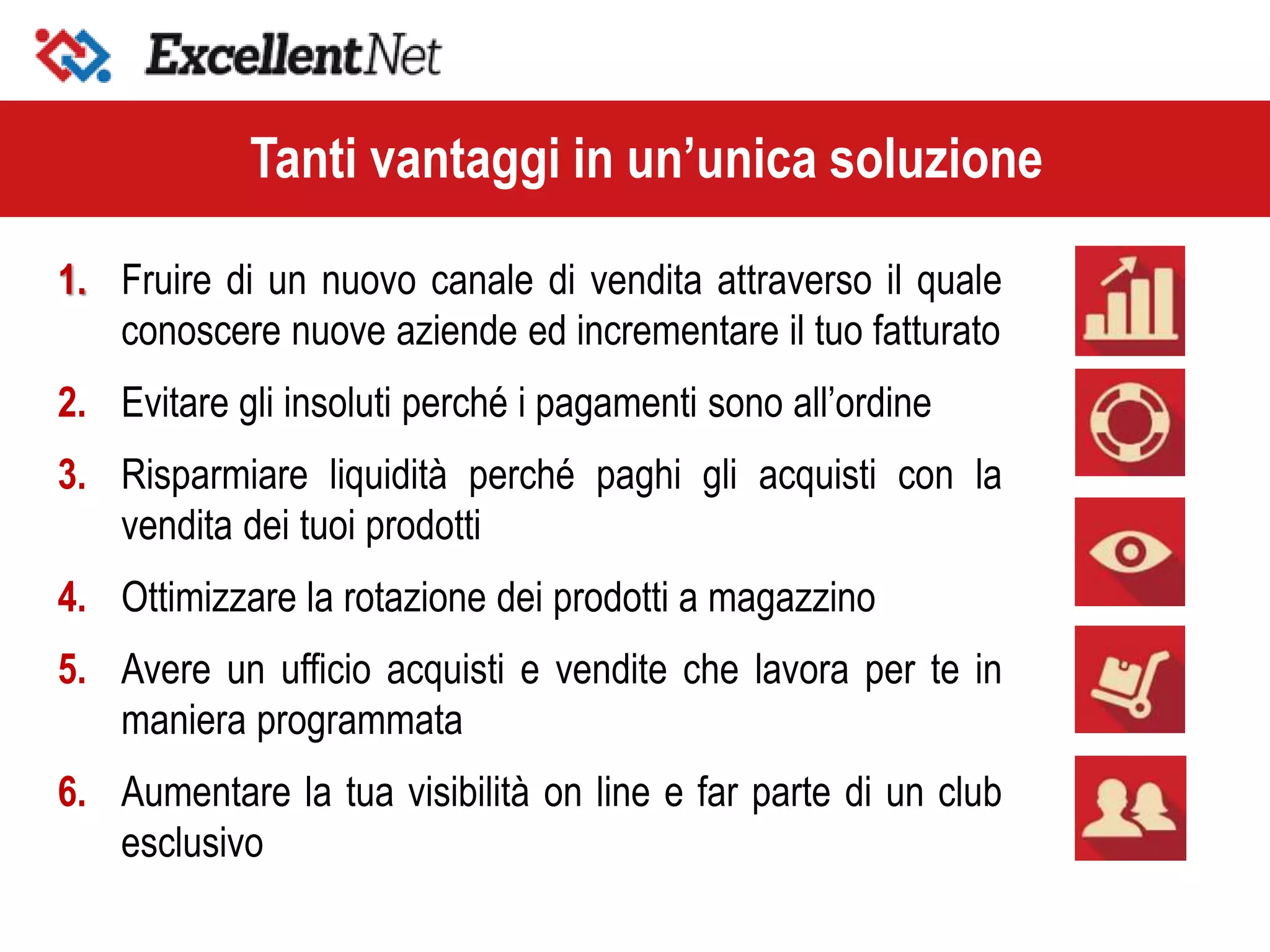 1. Fruire di un nuovo canale di vendita attraverso il quale
conoscere nuove aziende ed incrementare il tuo fatturato
2. Evitare gli insoluti perché i pagamenti sono all’ordine
3. Risparmiare liquidità perché paghi gli acquisti con la
vendita dei tuoi prodotti
4. Ottimizzare la rotazione dei prodotti a magazzino
5. Avere un ufficio acquisti e vendite che lavora per te in
maniera programmata
6. Aumentare la tua visibilità on line e far parte di un club
esclusivo
Tanti vantaggi in un’unica soluzione
 