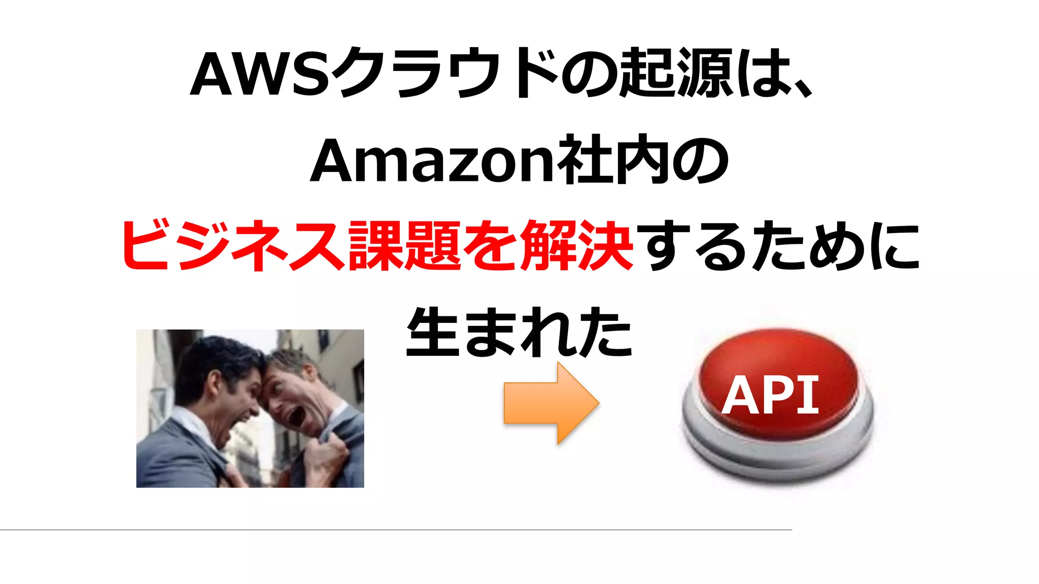 AWSクラウドの起源は、  
Amazon社内の  
ビジネス課題を解決するために  
⽣生まれた
API
 