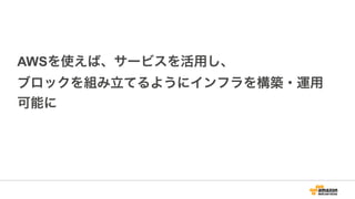 AWSを使えば、サービスを活用し、
ブロックを組み立てるようにインフラを構築・運用
可能に
 