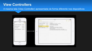 A mesma tela (View Controller) apresentada de forma diferente nos dispositivos
View Controllers
 