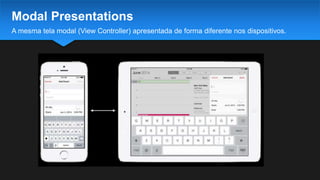 A mesma tela modal (View Controller) apresentada de forma diferente nos dispositivos.
Modal Presentations
 