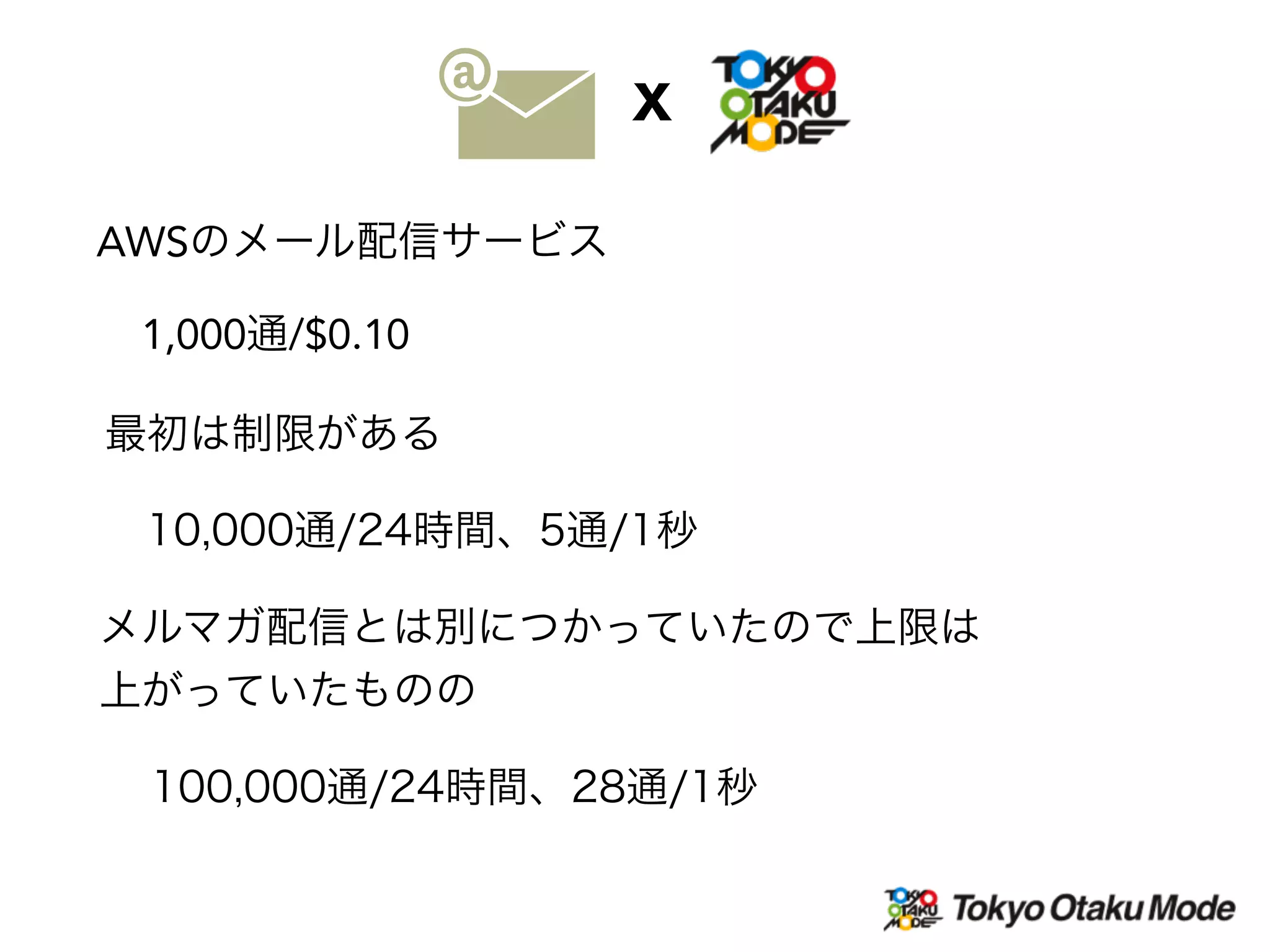 最初は制限がある
1,000通/$0.10
AWSのメール配信サービス
10,000通/24時間、5通/1秒
100,000通/24時間、28通/1秒
メルマガ配信とは別につかっていたので上限は
上がっていたものの
X
 