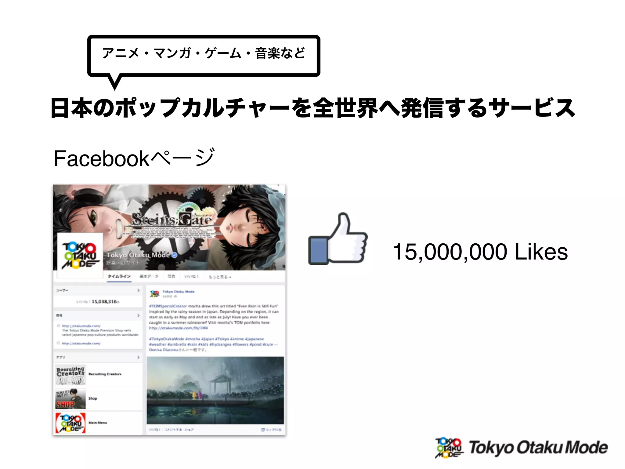 Facebookページ
日本のポップカルチャーを全世界へ発信するサービス
アニメ・マンガ・ゲーム・音楽など
15,000,000 Likes
 