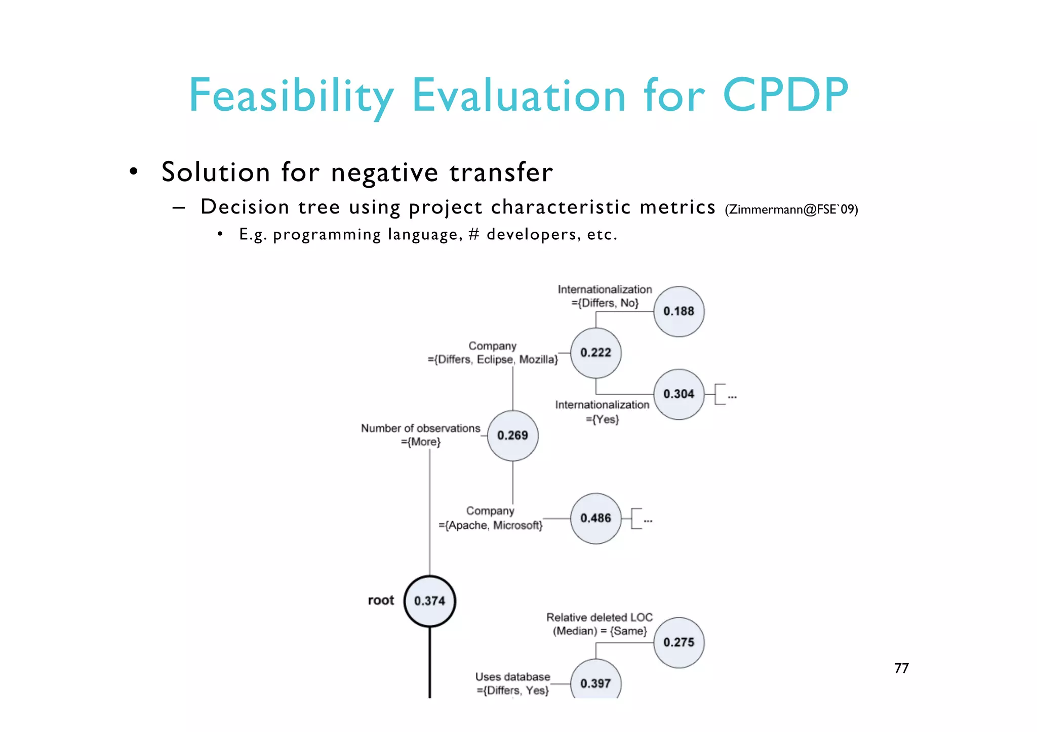Feasibility Evaluation for CPDP
•  Solution for negative transfer
–  Decision tree using project characteristic metrics (Zimmermann@FSE`09)
•  E.g. programming language, # developers, etc.
77
 