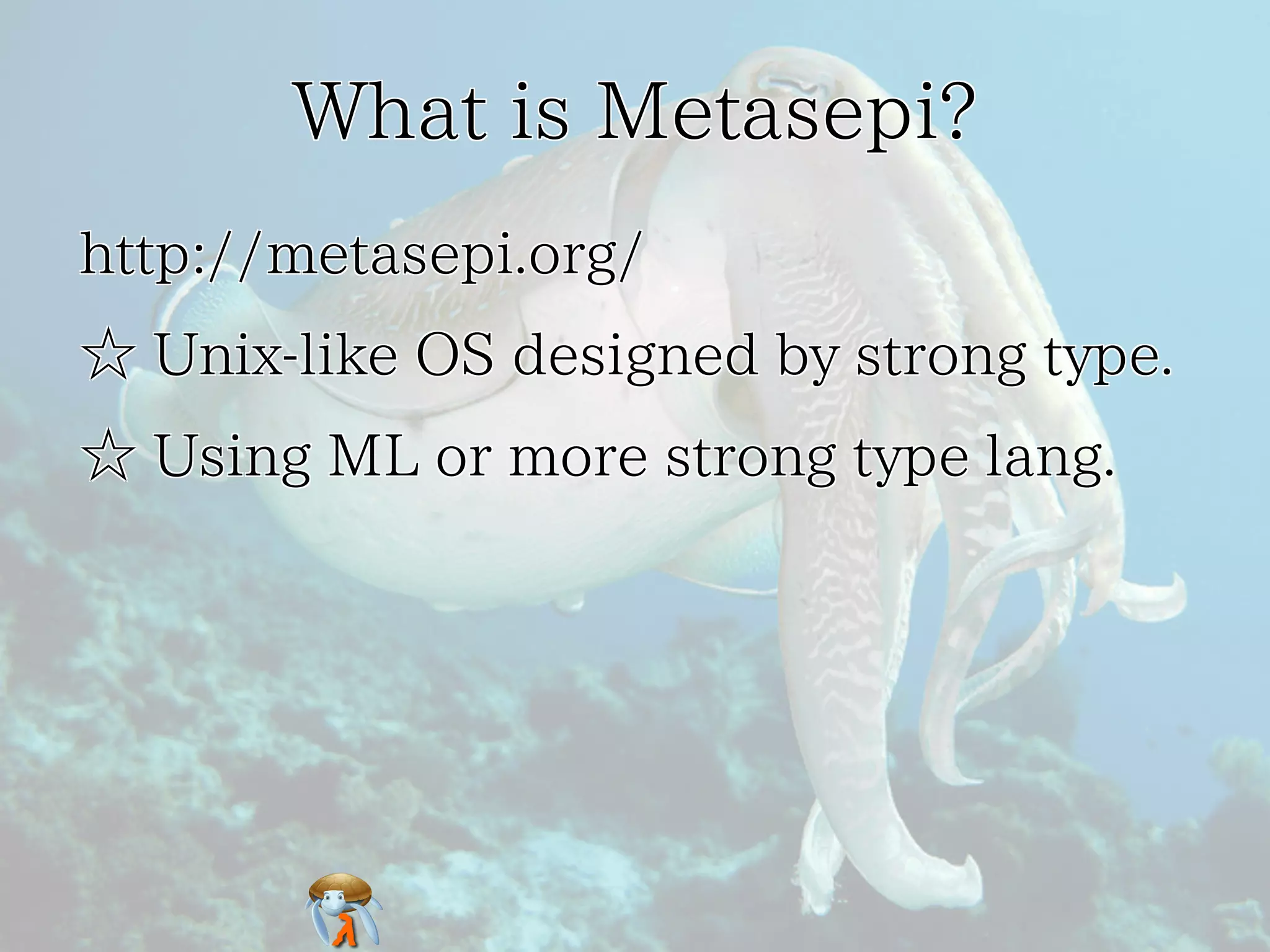 What is Metasepi?What is Metasepi?What is Metasepi?What is Metasepi?What is Metasepi?
http://metasepi.org/http://metasepi.org/http://metasepi.org/http://metasepi.org/http://metasepi.org/
☆ Unix-like OS designed by strong type.☆ Unix-like OS designed by strong type.☆ Unix-like OS designed by strong type.☆ Unix-like OS designed by strong type.☆ Unix-like OS designed by strong type.
☆ Using ML or more strong type lang.☆ Using ML or more strong type lang.☆ Using ML or more strong type lang.☆ Using ML or more strong type lang.☆ Using ML or more strong type lang.
 