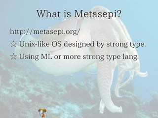 What is Metasepi?What is Metasepi?What is Metasepi?What is Metasepi?What is Metasepi?
http://metasepi.org/http://metasepi.org/http://metasepi.org/http://metasepi.org/http://metasepi.org/
☆ Unix-like OS designed by strong type.☆ Unix-like OS designed by strong type.☆ Unix-like OS designed by strong type.☆ Unix-like OS designed by strong type.☆ Unix-like OS designed by strong type.
☆ Using ML or more strong type lang.☆ Using ML or more strong type lang.☆ Using ML or more strong type lang.☆ Using ML or more strong type lang.☆ Using ML or more strong type lang.
 