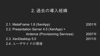 2. ^ȥΌU
2.1. MetaFrame 1.8 (XenApp) 2001
2.2. Presentation Server 4.5 (XenApp) +
Ardence (Provisioning Services) 2007
2.3. XenDesktop 5.0 2011
2.4. `ɤέh
 