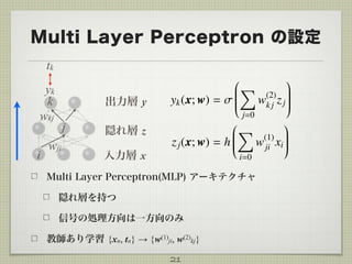 Multi Layer Perceptron の設定
21
yk
tk
k
j
wkj
i
wji
入力層 x
隠れ層 z
出力層 y
Multi Layer Perceptron(MLP) アーキテクチャ
隠れ層を持つ
信号の処理方向は一方向のみ
教師あり学習 {xn, tn} → {w(1)
ji, w(2)
kj}
 