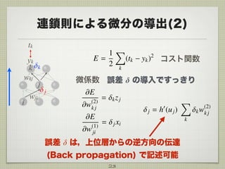 連鎖則による微分の導出(2)
23
コスト関数yk
tk
k
j
wkj
i
wji
j
微係数 誤差 δ の導入ですっきり
誤差 δ は，上位層からの逆方向の伝達
(Back propagation) で記述可能
 