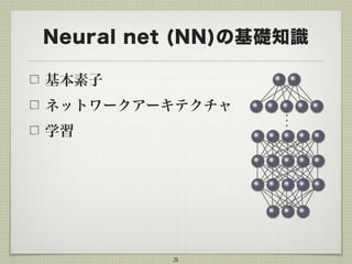 Neural net (NN)の基礎知識
基本素子
ネットワークアーキテクチャ
学習
3
 
