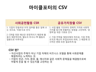 마이클포터의 CSV
사회공헌활동 CSR 공유가치창출 CSV
1. 기업이 만들어낸 이익 일부를 좋은 일에 쓰
는 것으로, '비용'으로 인식
2. CSR을 위한 예산은 한정적이기 때문에 활
동이 제한적이며, 별도의 부서나 PR 활동의
일환으로 이루어짐
1. 사업 활동 기초부터 경제적 가치와 사회적
가치를 동시에 창출하는 방법을 고민하며, '경
쟁력'을 위한 기회로 인식
2. 기업 전략을 재창조해야 하므로, 기업 전체
조직과 예산이 투입되어야 하며, 그 때문에 전
사적인 변화 또한 필요하게 됨
CSV 란?
ㆍ자선사업의 주체가 아닌 기업 자체의 비즈니스 모델을 통해 사회문제를
해결하려는 노력하는 것.
ㆍ기업이 빈곤, 기아, 환경, 물, 에너지와 같은 사회적 문제들을 해결함으로써
어떻게 돈을 벌 수 있는지를 고민하는 것
 
