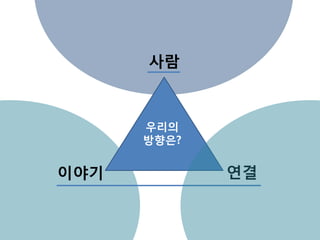 우리의
방향은?
사람
이야기 연결
 