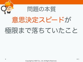 Copyright(c) NEXT Co., Ltd. All Rights Reserved.
問題の本質
意思決定スピードが
極限まで落ちていたこと
21
 