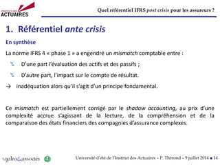 Quel référentiel IFRS post crisis pour les assureurs ?
Université d’été de l’Institut des Actuaires – P. Thérond – 9 juillet 2014 ■ 14
1. Référentiel ante crisis
En synthèse
La norme IFRS 4 « phase 1 » a engendré un mismatch comptable entre :
D’une part l’évaluation des actifs et des passifs ;
D’autre part, l’impact sur le compte de résultat.
→ inadéquation alors qu’il s’agit d’un principe fondamental.
Ce mismatch est partiellement corrigé par le shadow accounting, au prix d’une
complexité accrue s’agissant de la lecture, de la compréhension et de la
comparaison des états financiers des compagnies d’assurance complexes.
 