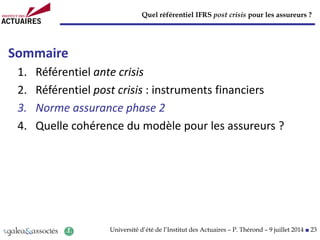 Quel référentiel IFRS post crisis pour les assureurs ?
Université d’été de l’Institut des Actuaires – P. Thérond – 9 juillet 2014 ■ 23
Sommaire
1. Référentiel ante crisis
2. Référentiel post crisis : instruments financiers
3. Norme assurance phase 2
4. Quelle cohérence du modèle pour les assureurs ?
 