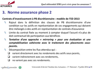 Quel référentiel IFRS post crisis pour les assureurs ?
Université d’été de l’Institut des Actuaires – P. Thérond – 9 juillet 2014 ■ 28
3. Norme assurance phase 2
Contrats d’investissement à PB discrétionnaire : modèle de l’ED 2013
Rajout dans la définition des clauses de PB discrétionnaire d’une
condition sur les actifs en représentation de ces engagements qui doivent
être mélangés à des actifs en représentation de contrats d’assurance
Limite du contrat fixée au moment à compter duquel l’assuré n’a plus de
doit contractuel de participation aux bénéfices
Tentative d’une approche « mirroring » pour une évaluation et une
comptabilisation cohérente avec le traitement des placements sous-
jacents.
Décomposition entre les flux attendus qui :
 varient directement avec les rendements des actifs sous-jacents,
 varient indirectement avec ces rendements,
 ne varient pas avec ces rendements.
 