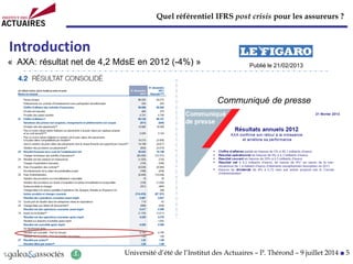 Quel référentiel IFRS post crisis pour les assureurs ?
Université d’été de l’Institut des Actuaires – P. Thérond – 9 juillet 2014 ■ 5
Introduction
Communiqué de presse
« AXA: résultat net de 4,2 MdsE en 2012 (-4%) » Publié le 21/02/2013
 