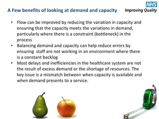 A Few benefits of looking at demand and capacity
• Flow can be improved by reducing the variation in capacity and
ensuring that the capacity meets the variations in demand,
particularly where there is a constraint (bottleneck) in the
process
• Balancing demand and capacity can help reduce errors by
ensuring staff are not working in an environment where there
is a constant backlog
• Most delays and inefficiencies in the healthcare system are not
the result of excess demand or the shortage of resources. The
key issue is a mismatch between when capacity is available and
when demand presents to a service.
 