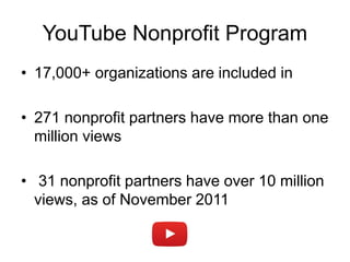 YouTube Nonprofit Program
• 17,000+ organizations are included in
• 271 nonprofit partners have more than one
million views
• 31 nonprofit partners have over 10 million
views, as of November 2011
 