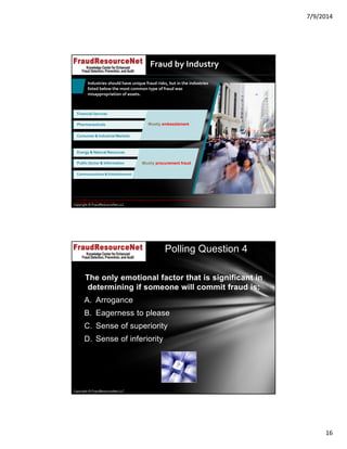 7/9/2014
16
Copyright © FraudResourceNet LLC
Fraud by Industry
Industries should have unique fraud risks, but in the industries 
listed below the most common type of fraud was 
misappropriation of assets.
Financial Services
Pharmaceuticals
Consumer & Industrial Markets
Mostly embezzlement
Energy & Natural Resources
Public Sector & Information
Communications & Entertainment
Mostly procurement fraud
v
© 2014 KPMG LLP, a USA LLP and a member firm of the KPMG network of independent member firms affiliated with KPMG International Cooperative ("KPMG 
International"), a Swiss entity. All rights reserved.
Copyright © FraudResourceNet LLC
The only emotional factor that is significant in
determining if someone will commit fraud is:
A. Arrogance
B. Eagerness to please
C. Sense of superiority
D. Sense of inferiority
Polling Question 4
 
