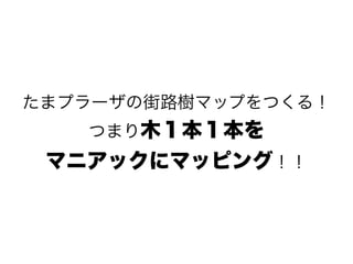 たまプラーザの街路樹マップをつくる！
つまり木１本１本を
マニアックにマッピング！！
 