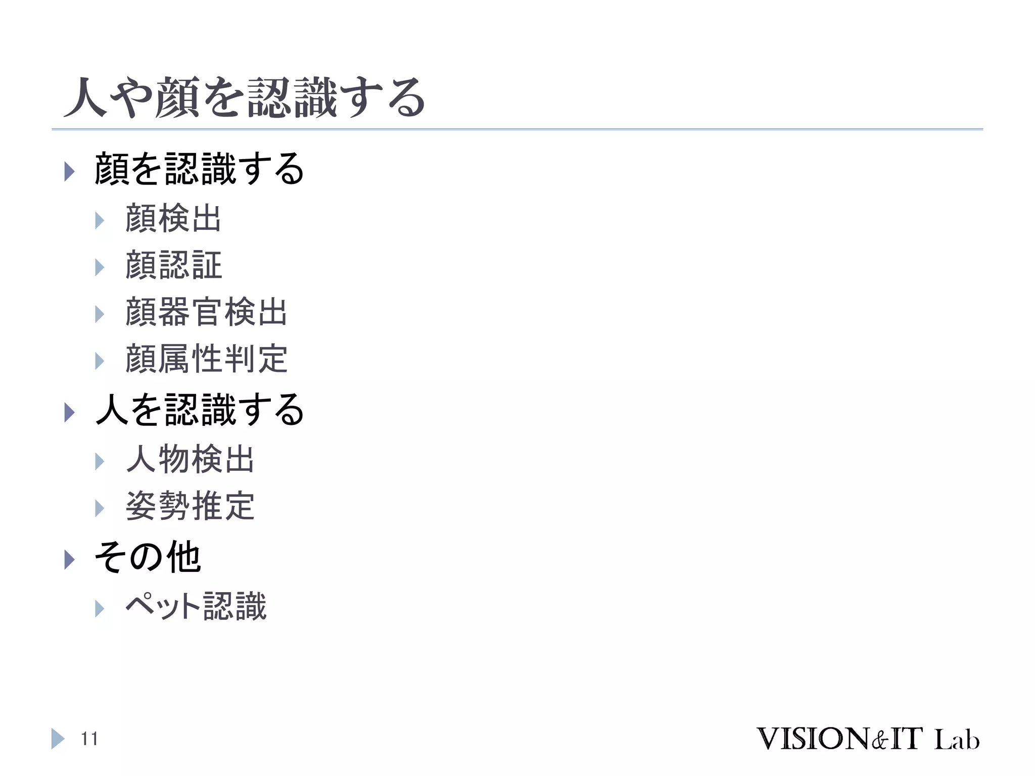 人や顔を認識する
11
 顔を認識する
 顔検出
 顔認証
 顔器官検出
 顔属性判定
 人を認識する
 人物検出
 姿勢推定
 その他
 ペット認識
 