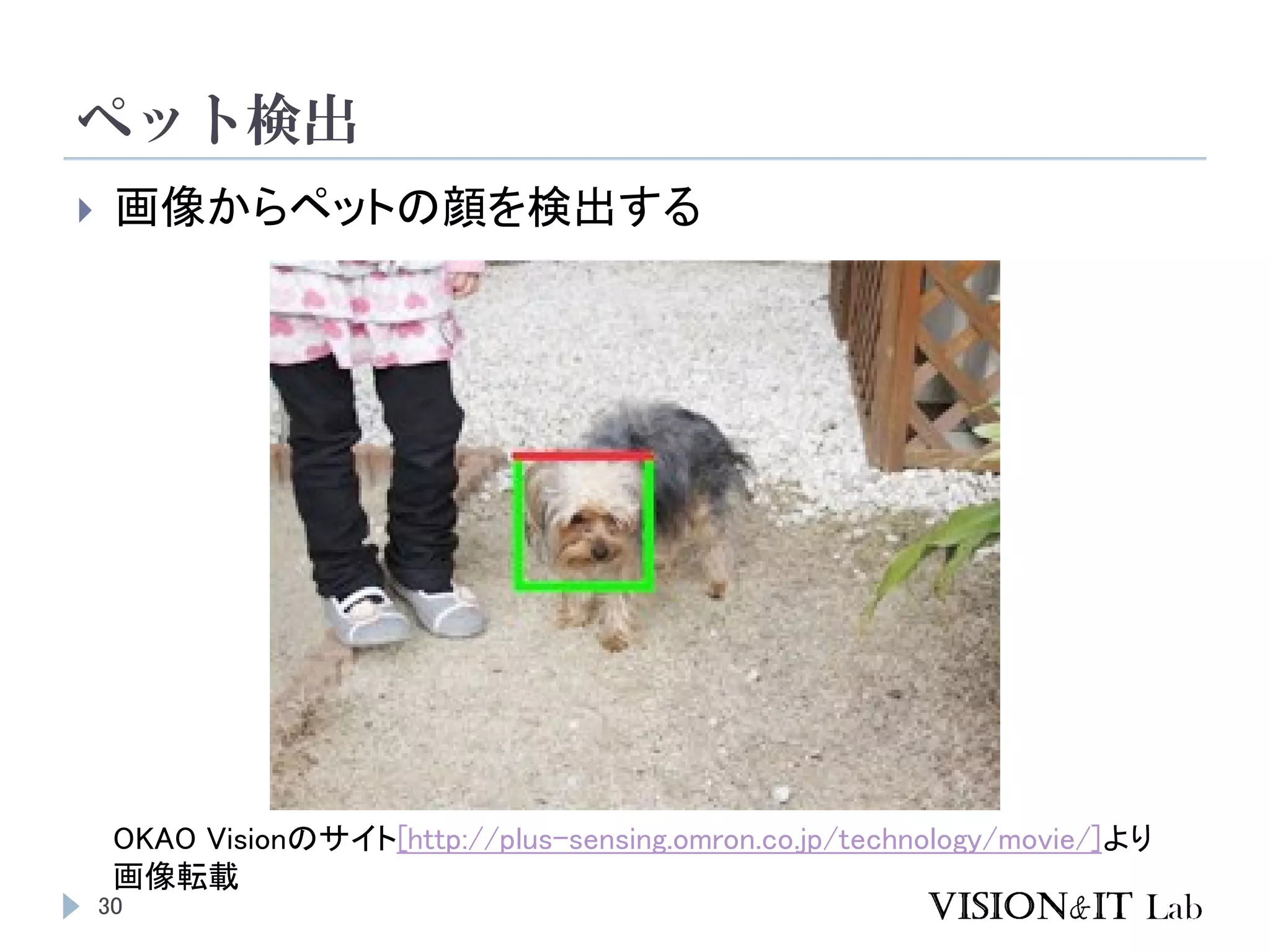 ペット検出
30
 画像からペットの顔を検出する
OKAO Visionのサイト[http://plus-sensing.omron.co.jp/technology/movie/]より
画像転載
 