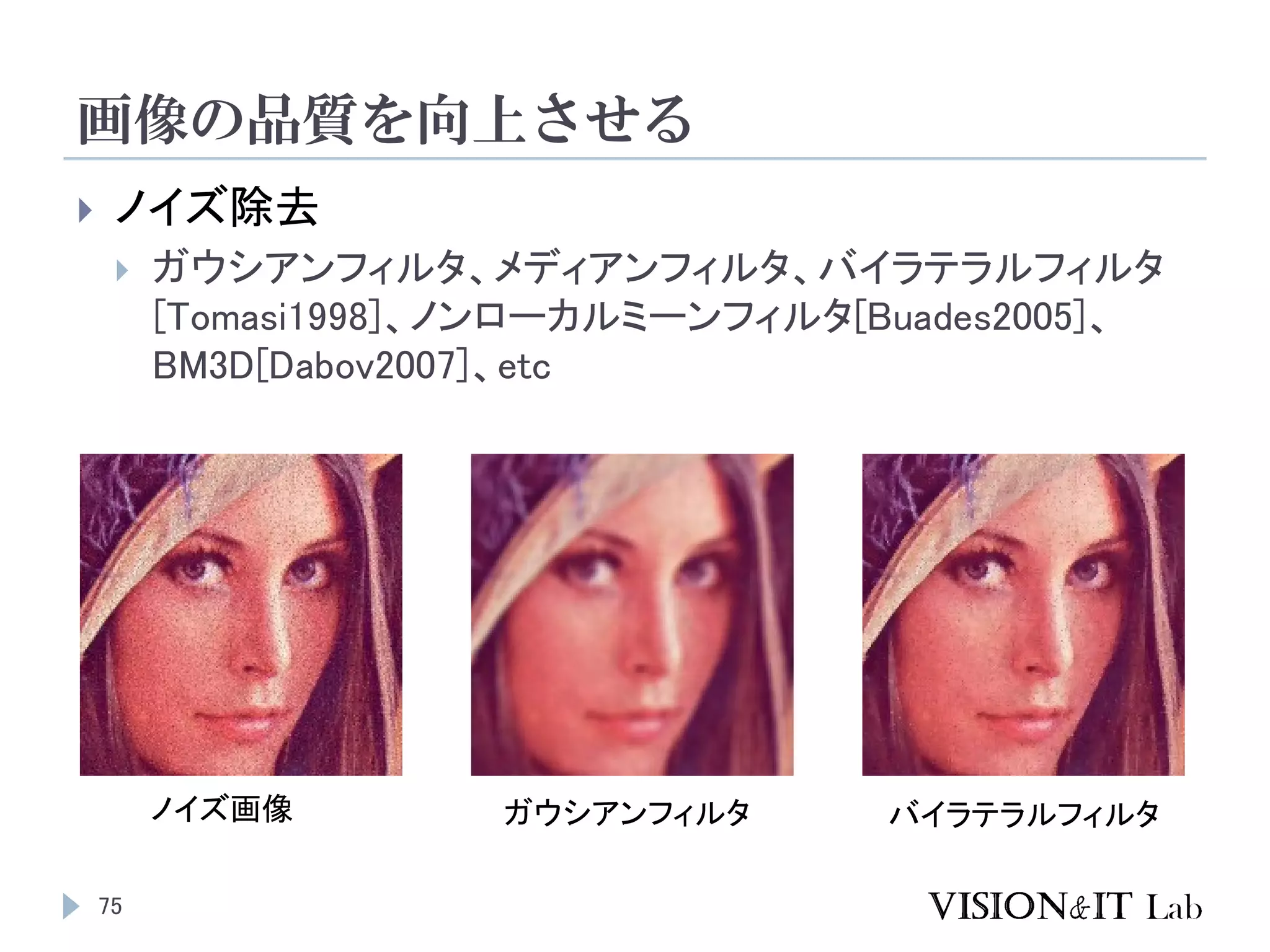 画像の品質を向上させる
75
 ノイズ除去
 ガウシアンフィルタ、メディアンフィルタ、バイラテラルフィルタ
[Tomasi1998]、ノンローカルミーンフィルタ[Buades2005]、
BM3D[Dabov2007]、etc
ノイズ画像 ガウシアンフィルタ バイラテラルフィルタ
 