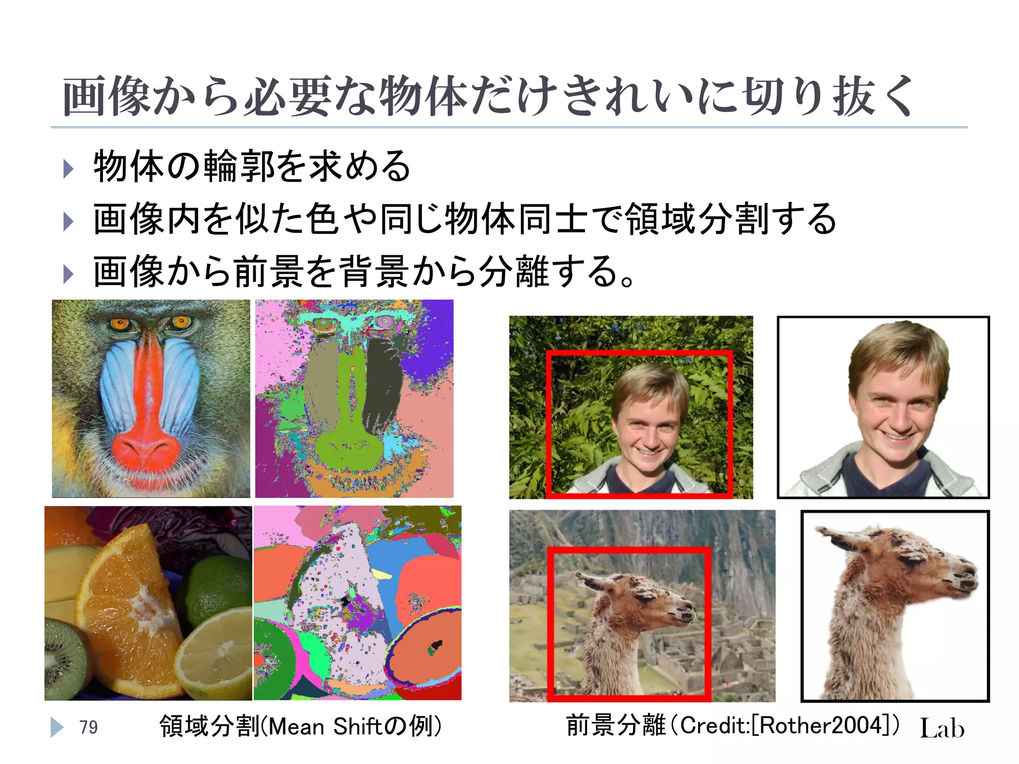 画像から必要な物体だけきれいに切り抜く
79
 物体の輪郭を求める
 画像内を似た色や同じ物体同士で領域分割する
 画像から前景を背景から分離する。
領域分割(Mean Shiftの例) 前景分離（Credit:[Rother2004]）
 