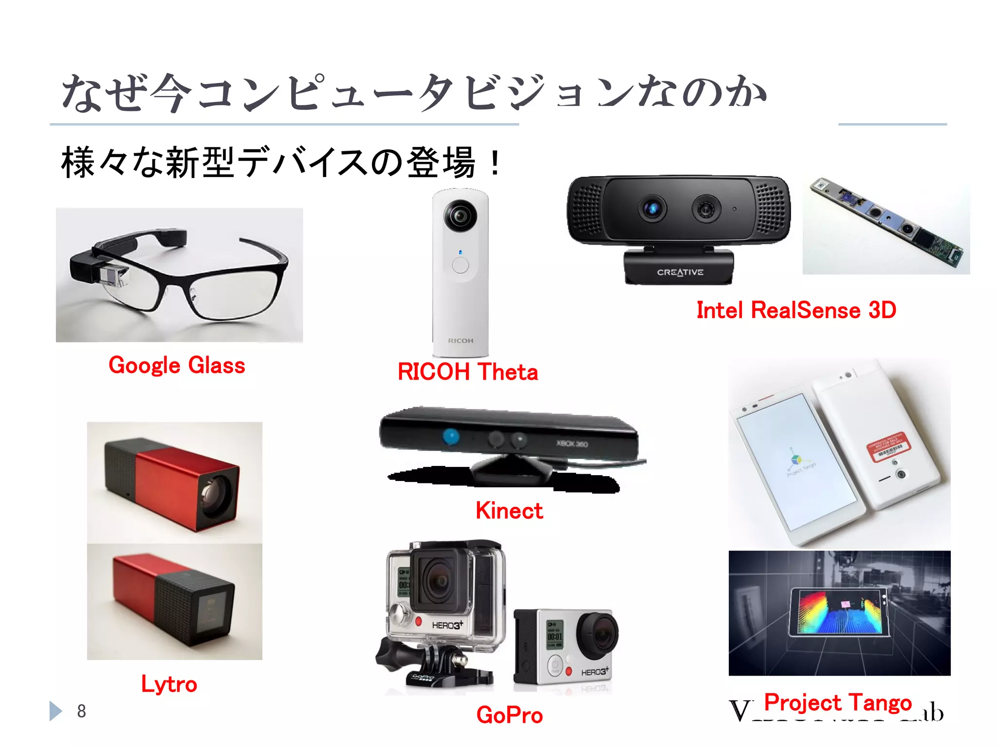 なぜ今コンピュータビジョンなのか
8
様々な新型デバイスの登場！
Project Tango
GoPro
Kinect
Lytro
Google Glass
Intel RealSense 3D
RICOH Theta
 